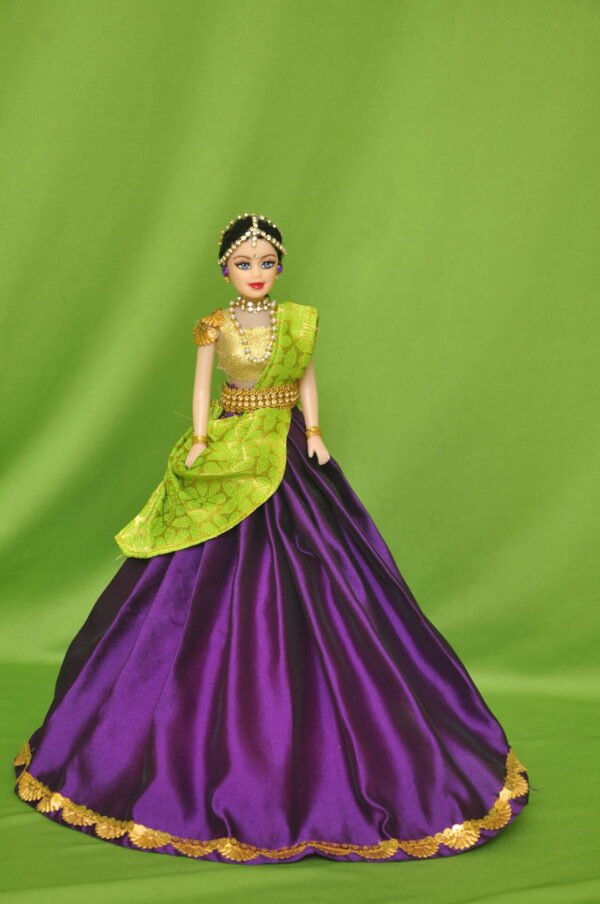 handmade green dupatta and purple lehanga dressed decorative doll