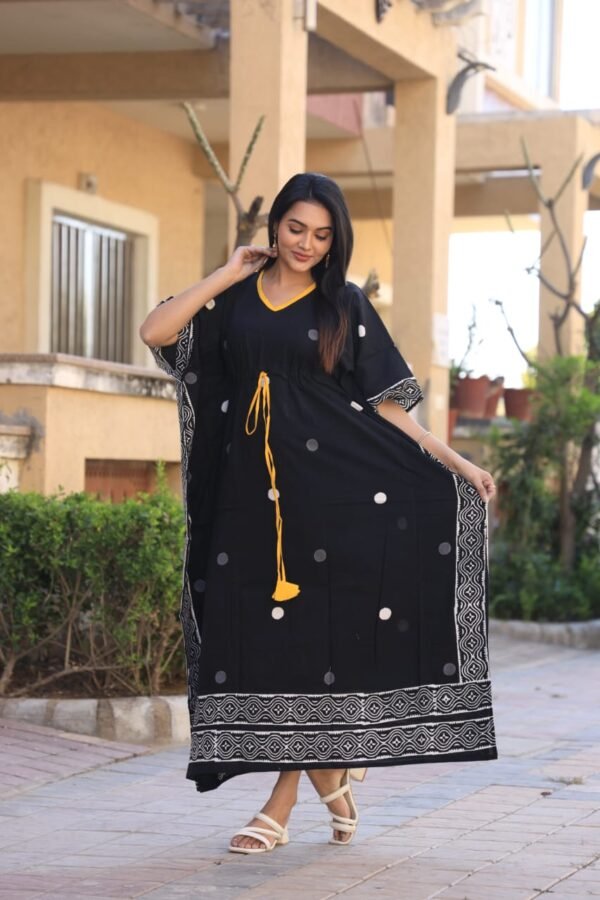 SUMMER I UNIQUE I KAFTAAN - Indigo Hand Block Print Kaftan Dress with Yellow Trim - Image 2