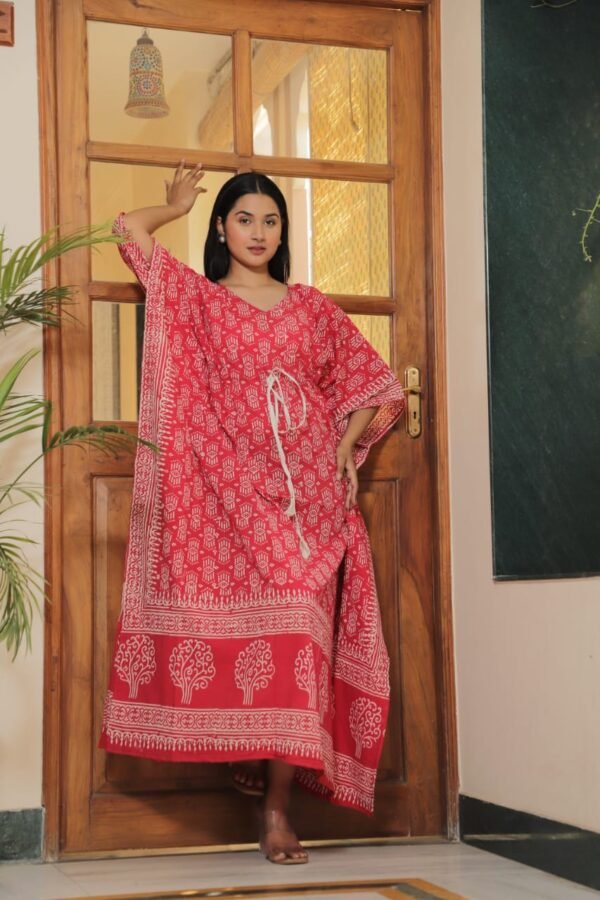 SUMMER I UNIQUE I KAFTAAN -  Red Hand Block Printed Kaftan