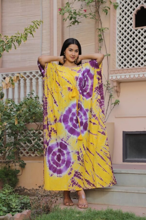 SUMMER I UNIQUE I KAFTAAN -  Yellow & Purple Tie-Dye Burst Kaftan