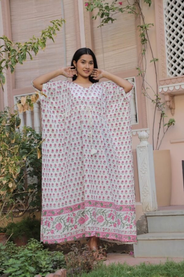 SUMMER I UNIQUE I KAFTAAN -  Ivory Floral Jaipur-Print Kaftan