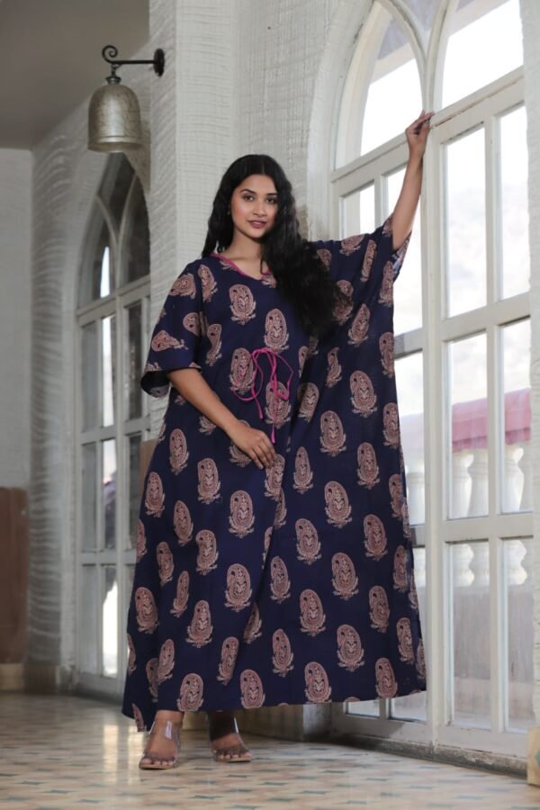 SUMMER I UNIQUE I KAFTAAN - navy blue kaftan- traditional paisley print in shades of muted gold.